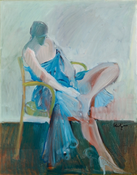 Alfred Kornberger, Dame in blauem Kleid mit nackten Beinen