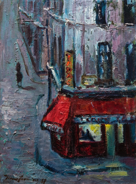 Hans Fronius, Paris Bistro (Straßenszene bei Nacht), Rückseitiges Selbstbildnis des Malers ca. 1950